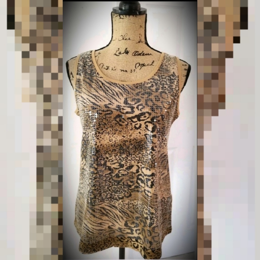 Sequined animal print tank top camel brown FIRM PRICE****